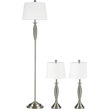 Stojací lampa HOMCOM 3dílná sada světel HOMCOM. 1 stojací lampa, 2 stolní lampy, vzhled lnu; 38 cm x 38 cm x 158 cm, stříbrná + bílá