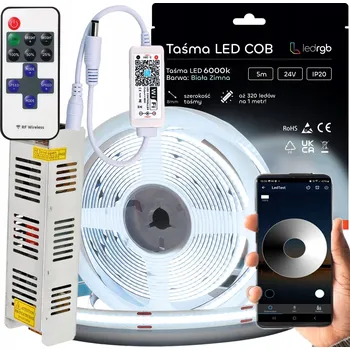LED osvětlení Sada LED COB pásek 24V 5m 6000K STUDENÁ BÍLÁ + ZDROJ, DÁLKOVÝ OVLADAČ, WIFI, APLIKACE