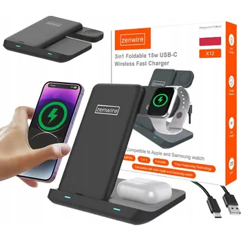 Rychlá indukční nabíječka 3v1 USB-C pro telefon, smartphone, hodinky QI 15W