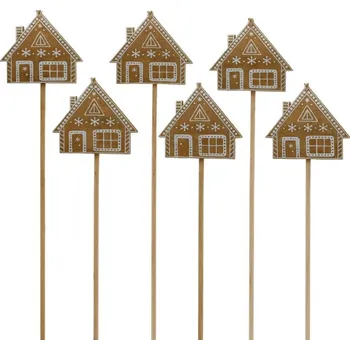 Vánoční dekorace Zápich dřevo 55x55mm+špejle domeček perník, hnědá, bílá