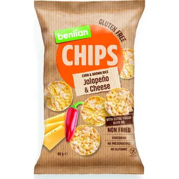 Slaná pochutina Benlian Rice Chips chipsy z kukuřice a hnědé rýže s příchutí jalapeno a sýru 60 g