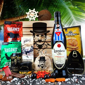 Dárkový potravinový koš Dárková bedna s páčidlem a rumem legendario jako originální dárek pro muže k narozeninám, vánocům anebo výročí