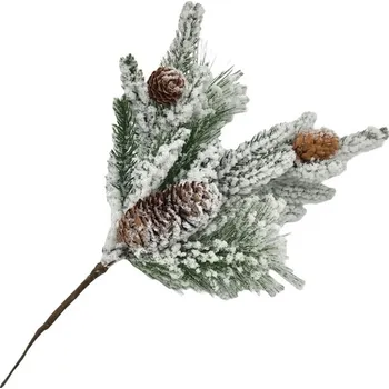 Vánoční dekorace Zápich větvička 300 mm zasněžená se šiškami