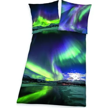 Povlečení Herding Bavlněné povlečení Polární záře, 135 x 200 cm, 80 x 80 cm, zelená
