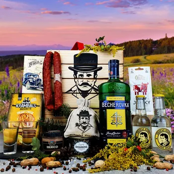 Dárkový potravinový koš Dárkové balení s becherovkou jako dárek pro chlapa k narozeninám, vánocům anebo k výročí.