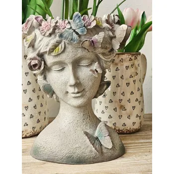 Květináč Šedý dekorativní květináč hlava ženy s květy a motýlky - 20*18*26 cm