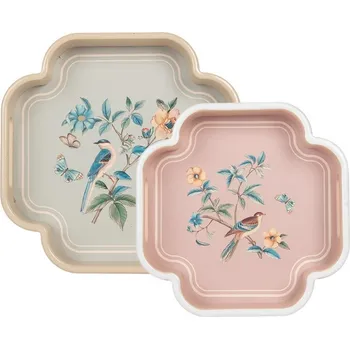 Set 2ks béžový dekorační podnos s ptáčky Birds - 30*30*5 / 24*24*5 cm