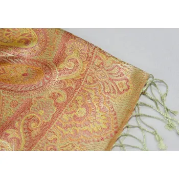 Šála Hedvábná šála Jamawar velká - Béžová a červená s ornamenty