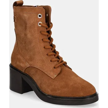 Dámské kozačky Semišové boty Tommy Hilfiger SUEDE MID HEEL LACEUP LOGOTAPE dámské, hnědá barva, na podpatku, FW0FW08090 88X, EUR 38