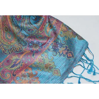 Šála Hedvábná šála Jamawar velká - Modrá s ornamenty