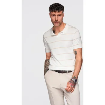Pánské tričko Pánská polokošile z viskózy s vodorovnými pruhy - bílá a béžová V4 OM-POSS-0145 - M