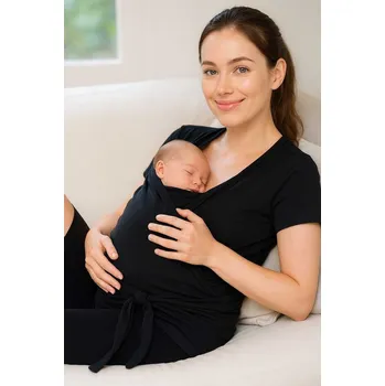 Zavinovací tričko na klokánkování Emberlyn černé, bavlněné, s krátkým rukávem Velikost: M