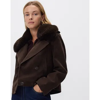 Dámský kabát Reserved - Bunda s kožešinovým límcem - tmavě hnědá - ZR316-89X - ZR316-89X-S