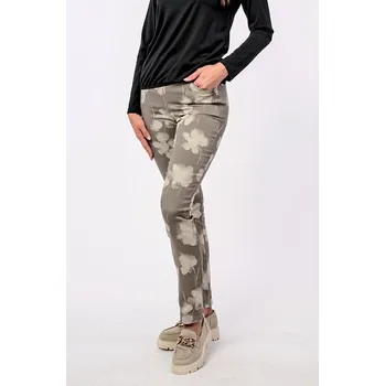 Dámské kalhoty Elegantní úzké béžové dlouhé dámské kalhoty s květy 347 délka normální velikost 3XL