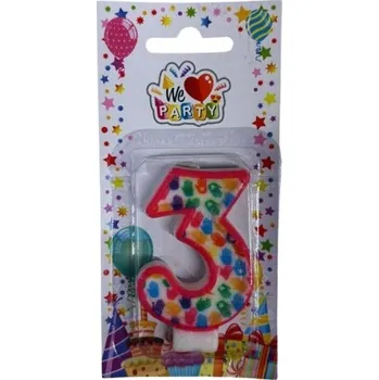 Dortová svíčka NAROZENINOVÁ SVÍČKA NA DORT ve tvaru číslice 3, barevná, 7 cm