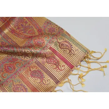 Šála Hedvábná šála Jamawar velká - Žlutá a nachové s ornamenty