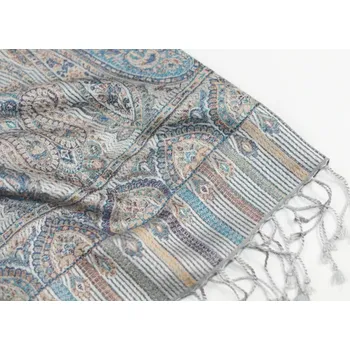 Šála Hedvábná šála Jamawar velká - Šedá a modrá s ornamenty