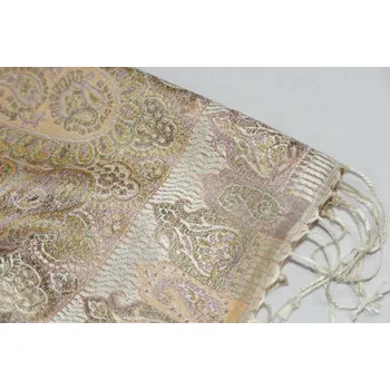 Šála Hedvábná šála Jamawar velká - Smetanová a okrově hnědá s ornamenty