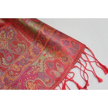 Šála Hedvábná šála Jamawar velká - červená s ornamenty