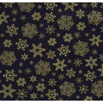 Vánoční látka z bavlny v modré barvě s potiskem zlatých sněhových vloček 20708/008