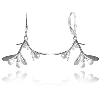 Náušnice MINET 2590 MINET Vánoční stříbrné náušnice JMELÍ s perlami bílá