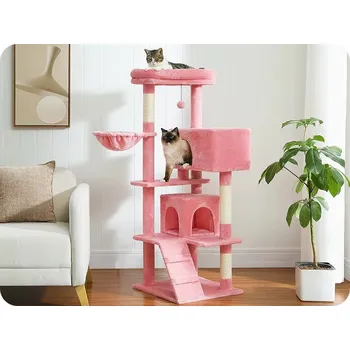 Škrabadlo KOČIČÍ STROM 4-patrové 2 boudičky a 2 pelíšky - 143 cm Barva: růžová