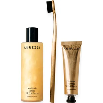 Zubní kartáček AUREZZI Cestovní sada s černým kartáčkem, ústní vodou a zubní pastou Travel Trio Gold - Black bristles