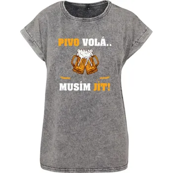 Dámské tričko Dámské tričko Acid wash Pivo volá, musím jít Velikost: 5XL, Barva trička: Světle šedá