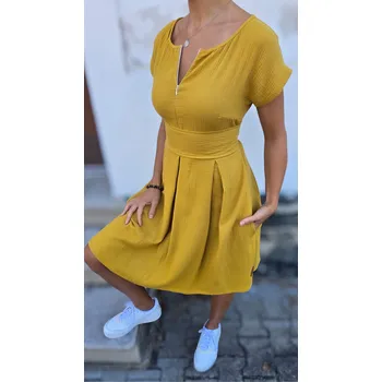 Dámské šaty Kulišárny Mušelínové šaty KATE s kapsami MUSTARD kojicí VELIKOST: 40-42