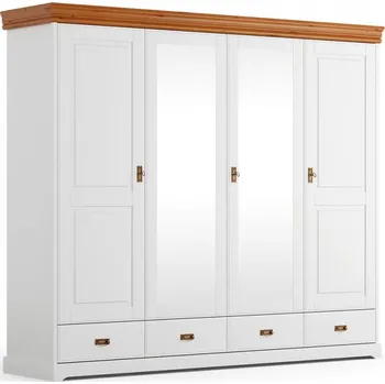 Šatní skříň Skříň KANIA 4-dvéřová se zrcadlem z finské borovice bílá/medová