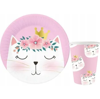 dětská jídelní sada SADA S KOČIČKOU TALÍŘKY HRNÍČKY RŮŽOVÉ NAROZENINY