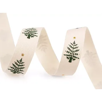 Stuha Bavlněná stuha vánoční 15mm režná - stromeček (Bavlněná stuha vánoční)