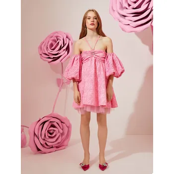 Dámské šaty Koton Tyl Detailní Balónový rukáv Off-the-rameno šaty Koton růžová 2023411