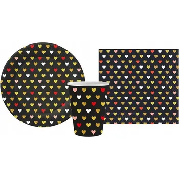 Party nádobí SADA SRDÍČKA XOXO ČERNÉ TALÍŘKY KELÍMKY UBROUSKY VALENTÝNA