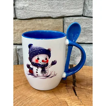 Keramický hrnek se lžičkou se sněhulákem