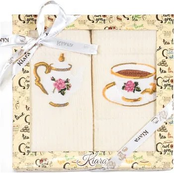 Utěrka Utěrky KIARA 158 vaflové vyšívané, dárkové balení, porcelán s růžičkou na smetanové, 2 kusy 50x70cm