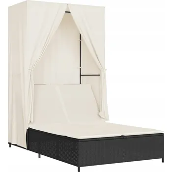 Zahradní lehátko Dvojité lehátko s baldachýnem a závěsy, černé, PE ratan, 104x197x193 cm