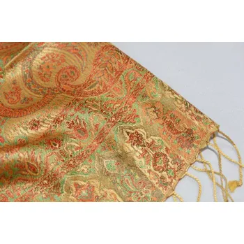 Šála Hedvábná šála Jamawar velká - Žlutá a oranžová s ornamenty 3