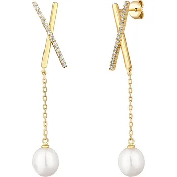 Náušnice Moonlit Elegantní visací náušnice se zirkony a perlami pozlacené