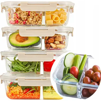 Dóza na potraviny 4 x Skleněné nádoby s přihrádkou a těsněním, sada obědových boxů