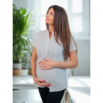 Elegantní těhotenská a kojicí košile Evelyn – bílá s drobnými kytičkami, bavlněná, krátký rukáv Velikost: M