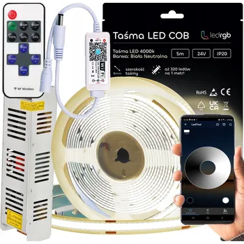 LED osvětlení Sada LED COB pásek 24V 10m 4000K BÍLÁ NEUTRÁLNÍ ZDROJ DÁLKOVÝ OVLADAČ WIFI APLIKACE