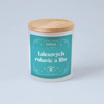 Svíčka s vůní latexových rukavic a lihu - vonná svíce s potiskem