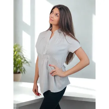 Elegantní těhotenská a kojicí košile Evelyn – bílá se stříbrnými proužky, bavlněná, krátký rukáv Velikost: M