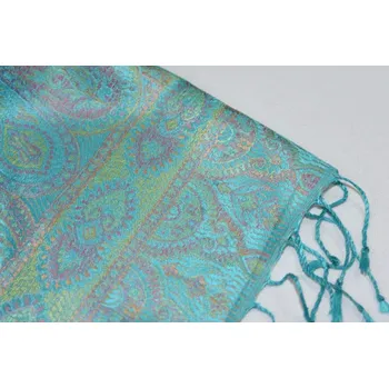 Šála Hedvábná šála Jamawar velká - Azurová s ornamenty 2