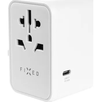 Cestovní adaptér Cestovní adaptér FIXED pro EU, UK a USA/AUS, s 3xUSB-C a 2xUSB výstupem, GaN, PD 65W, bílý,rozbaleno