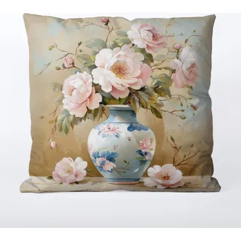 Povlak na polštář 45x45 nepromokavý polyester pastelová váza s pivoňkami