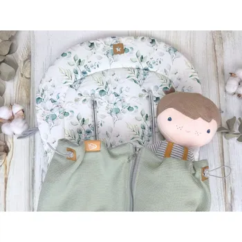 SET Podložka prodloužená (Eucalyptus, šedý fleece) + vaflová deka (dusty green, šedý fleece)