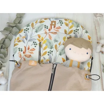 SET Podložka prodloužená (Leaves, černý fleece) + vaflová deka (taupe, černý fleece)