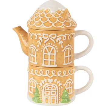 Konvice na čaj Clayre & Eef - Keramická čajová souprava pro jednoho GINGERBREAD HOUSE 6CETE0213